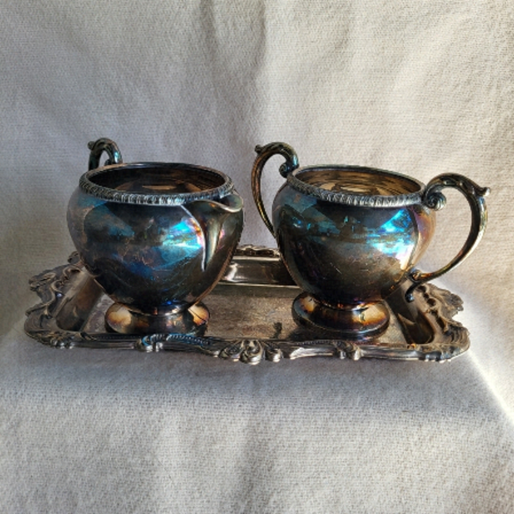 SILVER Plated Cream & Sugar Set On Tray